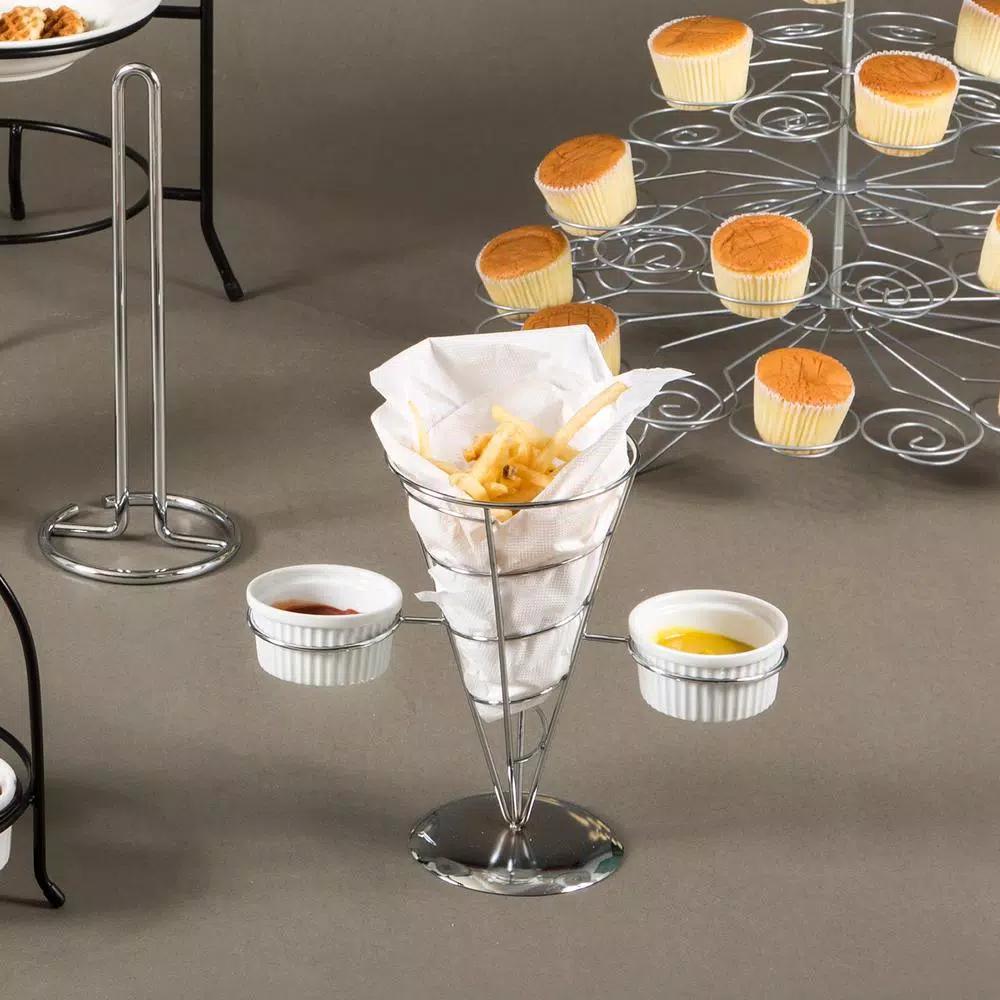 Creative Home Chrome Iron Wire French Fry Serving Set with Single Cone Holder and 2 Ceramic Ramekins