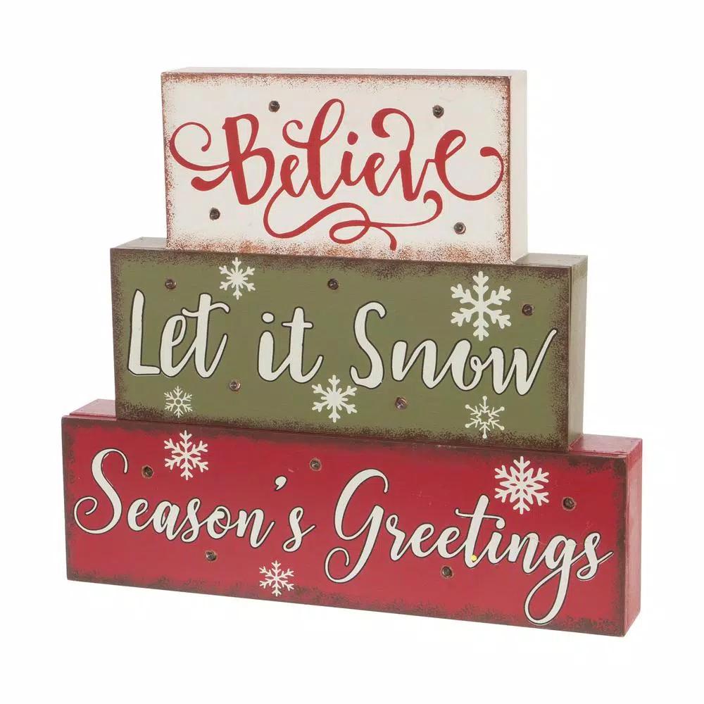 Glitzhome 11.81 in. LED Lighted Multi-color Wooden Block Word Sign, 14-Bulbs