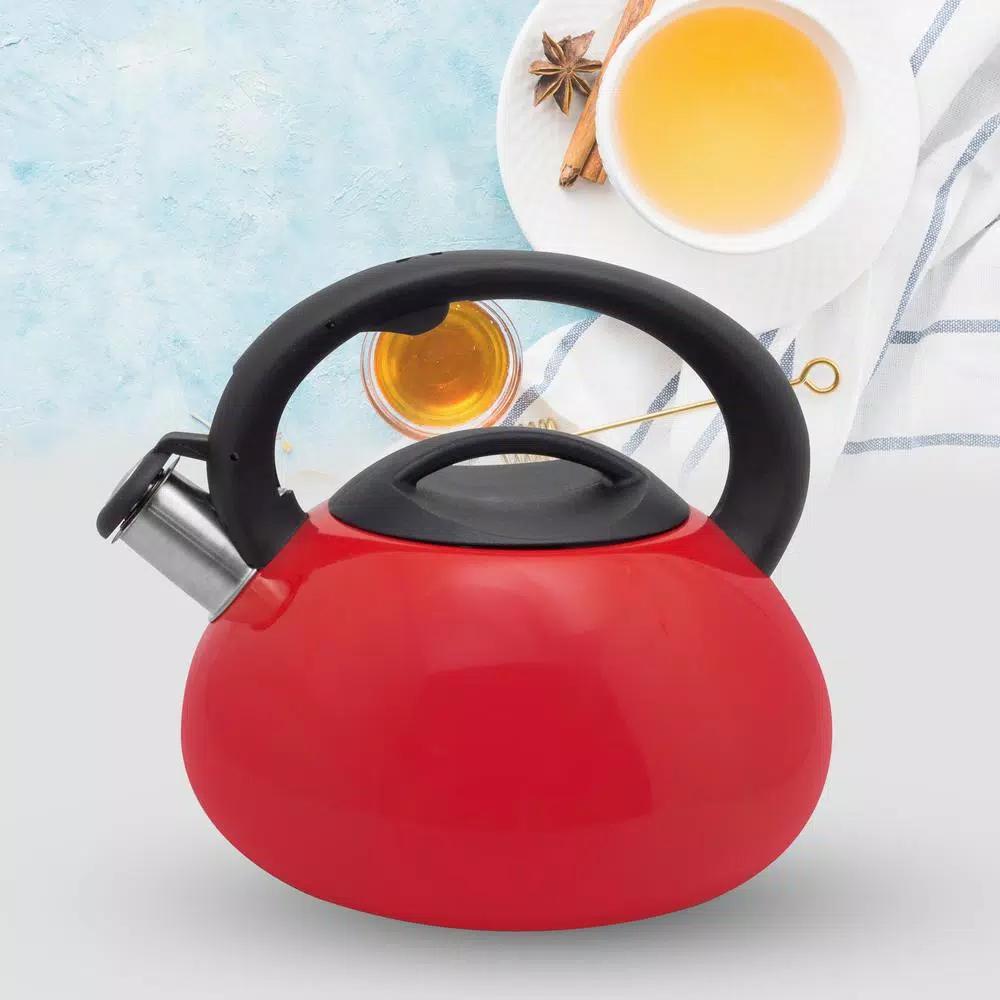 ExcelSteel 3 Qt. Red Stainless Steel Whistling Tea Kettle with Stay-Cool Bakelite Handle
