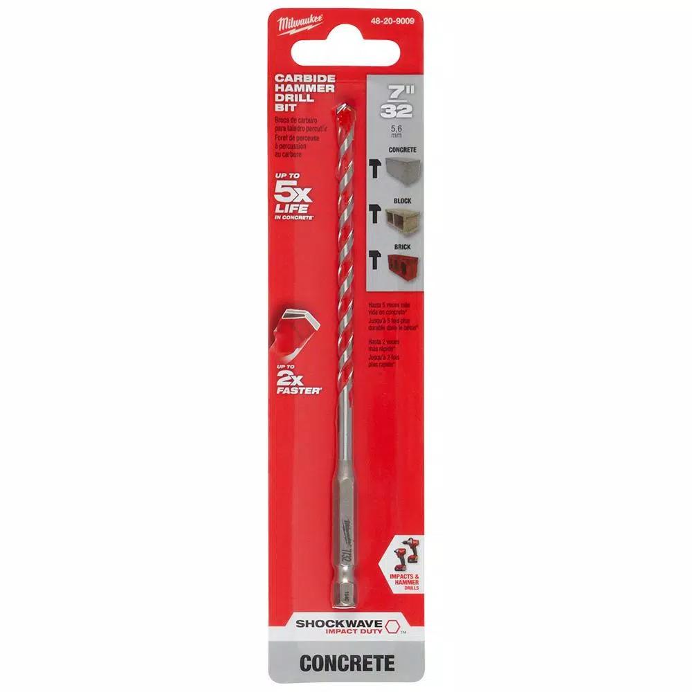 Milwaukee SHOCKWAVE 7/32 in. Carbide Hammer Drill Bit, 6 in. Length, 1/4 in. Hex Shank
