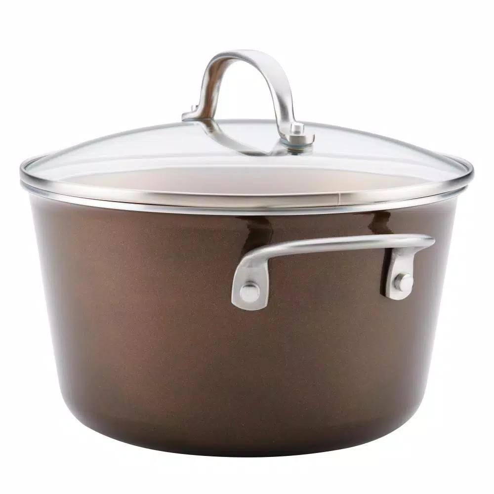 Ayesha Curry Ayesha Home Collection 4.5 Qt. Porcelain Enamel Nonstick Saucepot with Lid, Brown Sugar