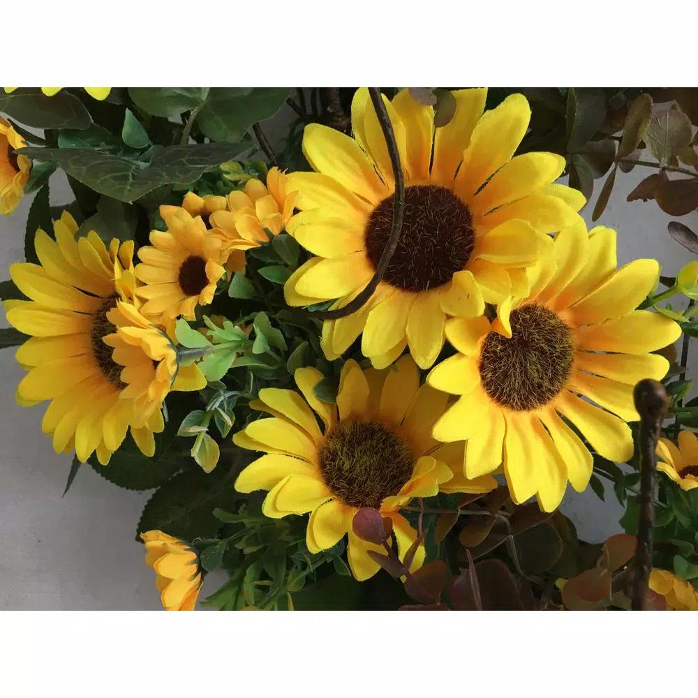 Glitzhome 24 in. Artificial Sunflower Wreath with Greenery and Grapevine Base