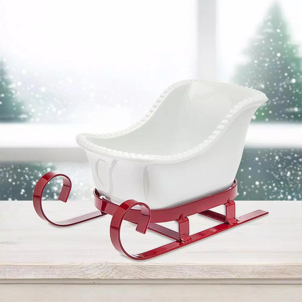 Godinger White Metal Santa Sleigh Candy Dish - Rustic Red Iron Holiday Garnish Tray