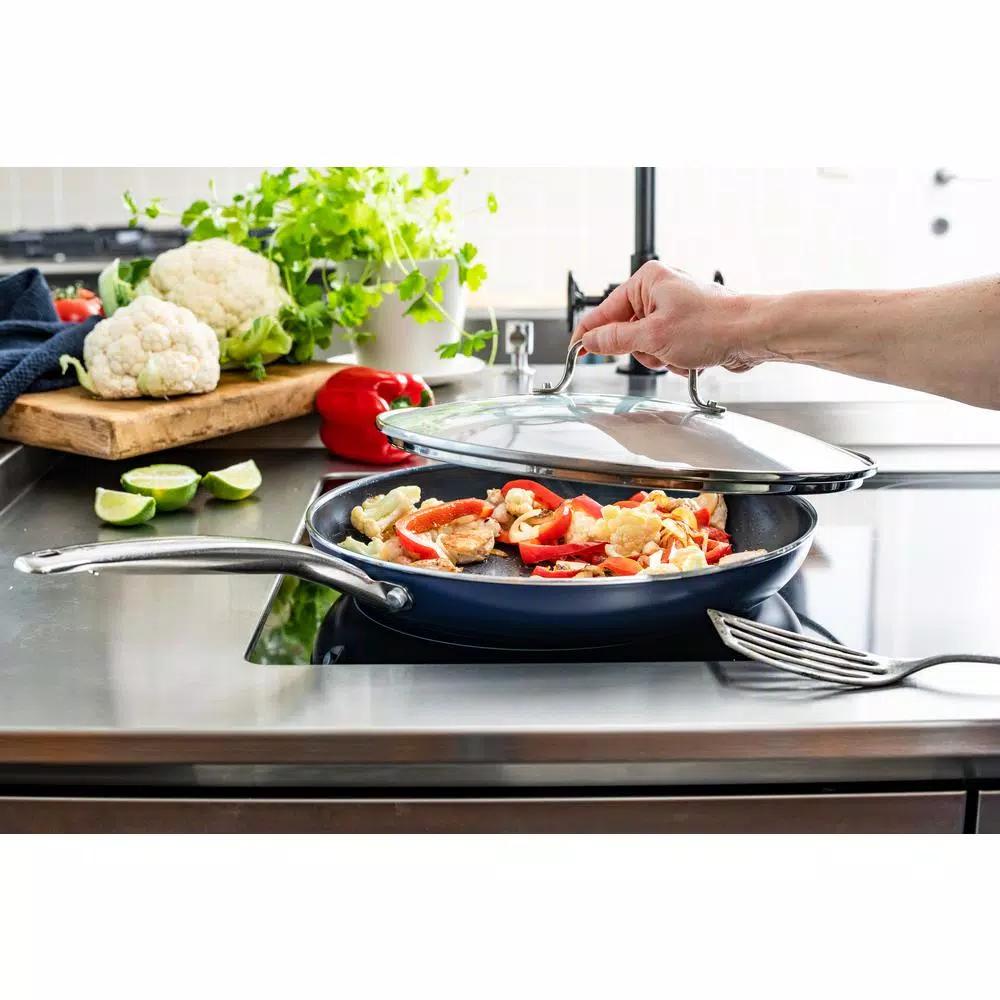 Blue Diamond 12 in. Aluminum Ceramic Nonstick Frying Pan with Glass Lid, Blue