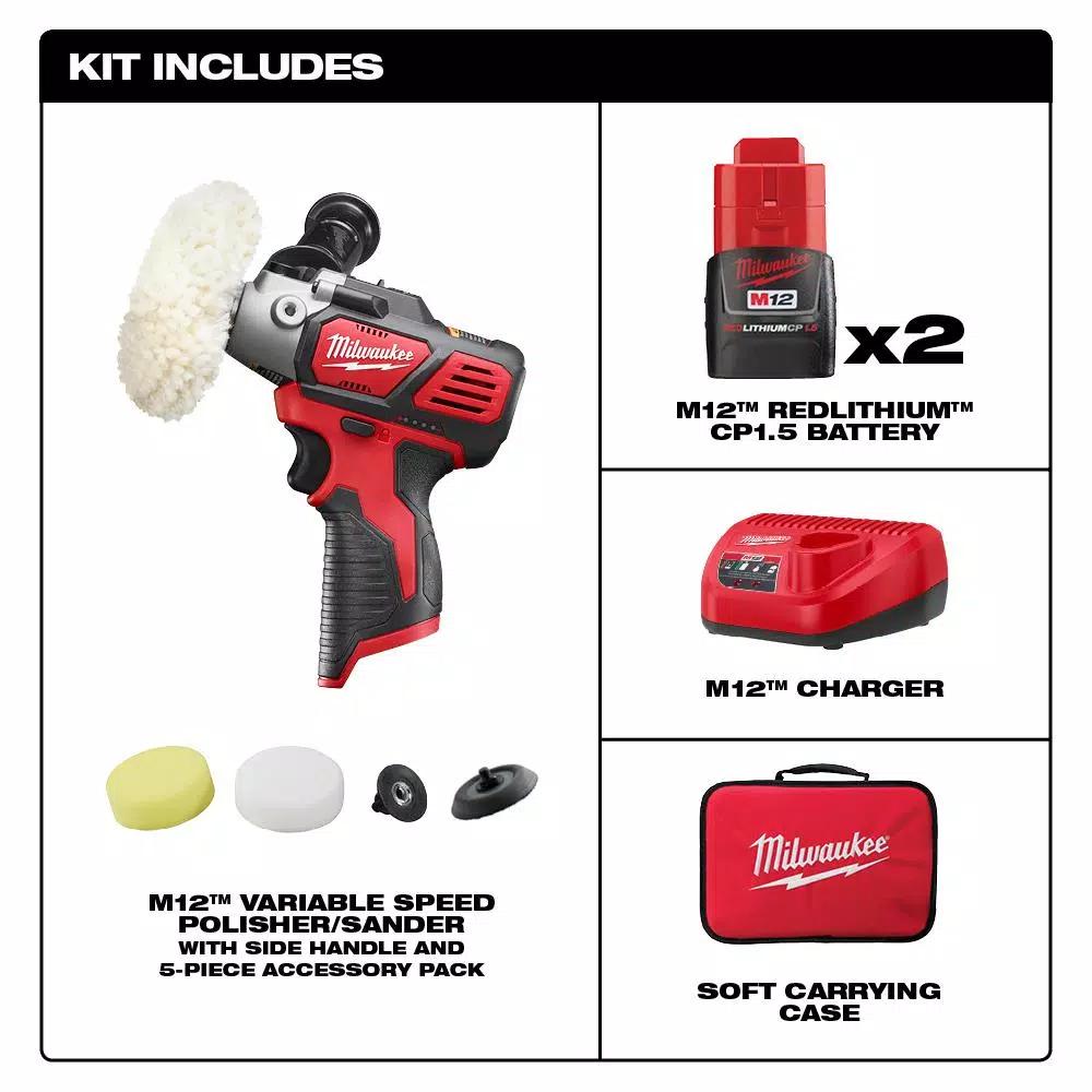 Milwaukee M12 12V Lithium-Ion Variable Speed Polisher/Sander Kit with (2) 1.5 Ah Batteries, Charger & Tool Bag