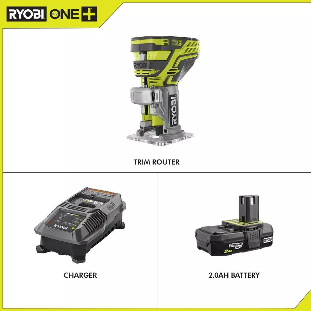 RYOBI 18V ONE+ Cordless Fixed Base Trim Router Kit with 2.0 Ah Battery and Charger