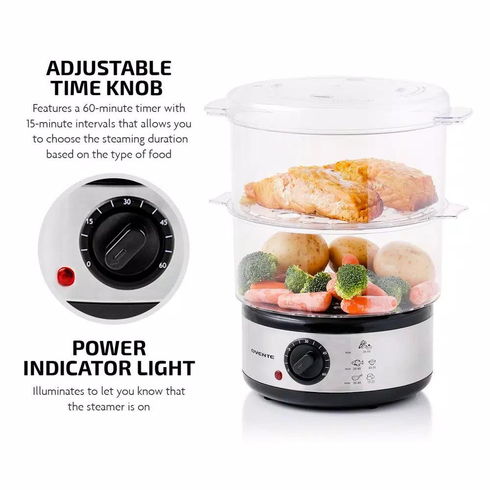 Ovente 2-Tier Electric Food Steamer, 5-Quart Capacity, 400W, Silver