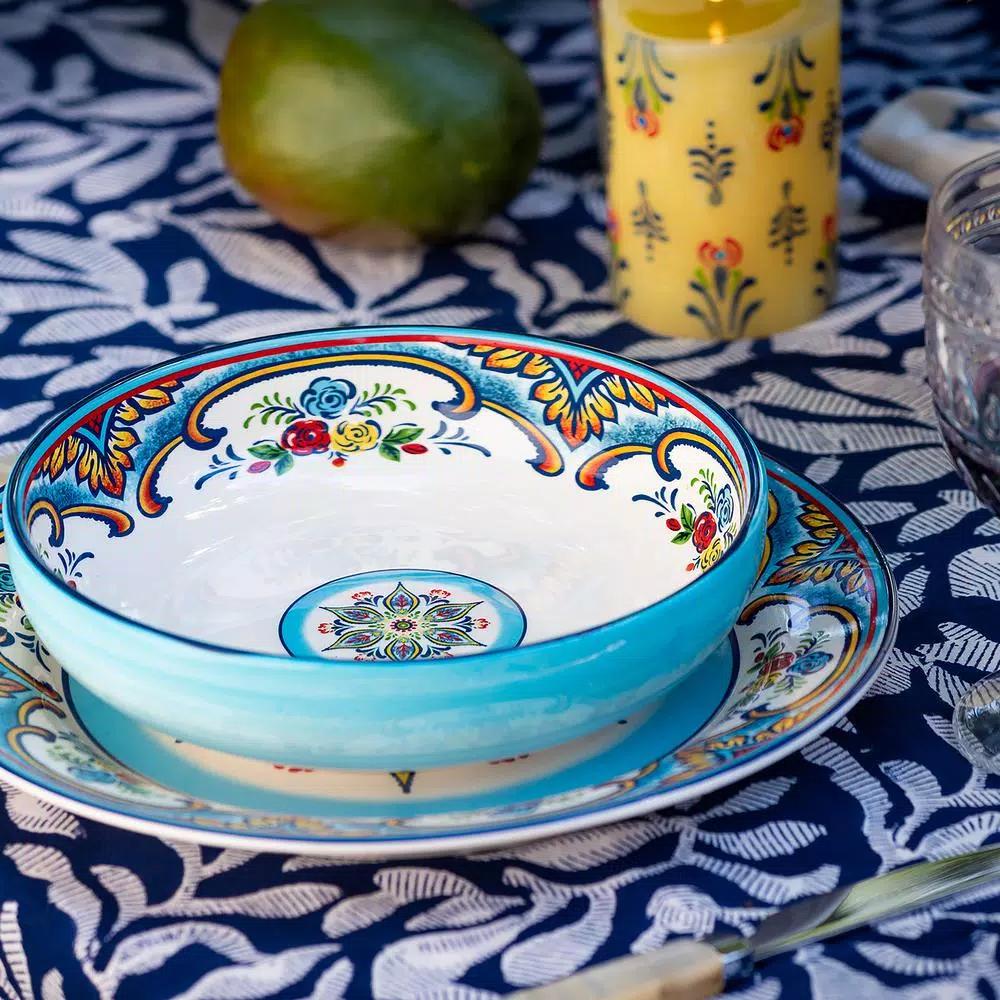 Euro Ceramica Zanzibar 4-Piece Earthenware Pasta Bowl Set, Multi-Color Bohemian Style