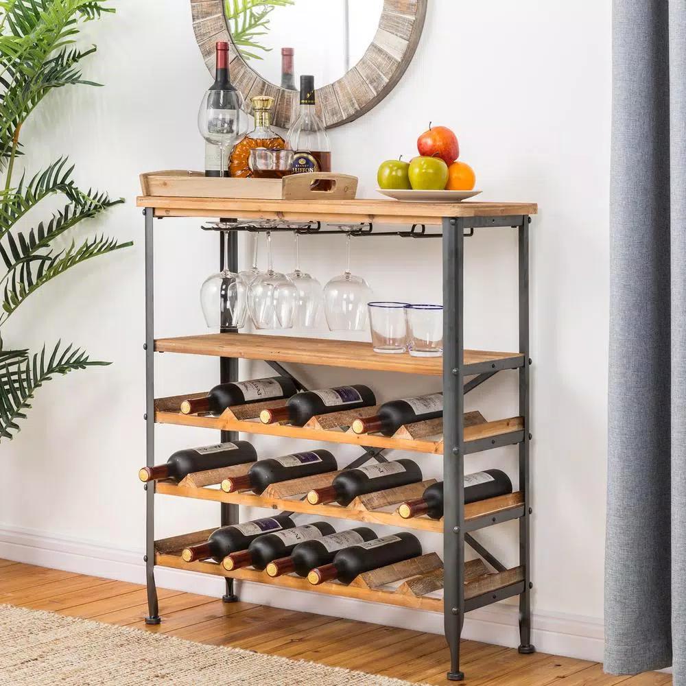 Glitzhome 34.25 in. Vintage Wood and Iron Wine Bottle and Glass Rack