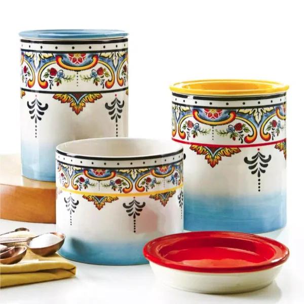 Euro Ceramica Zanzibar 3-Piece Ceramic Canister Set - Multicolor Earthenware Kitchen Jars