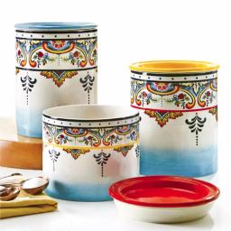 Euro Ceramica Zanzibar 3-Piece Ceramic Canister Set - Multicolor Earthenware Kitchen Jars thumbnail 1