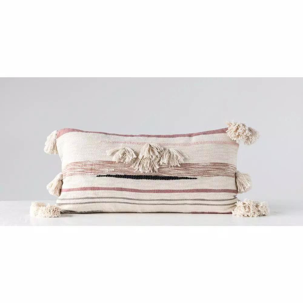 3R Studios Pink, Brown and Black Striped Kilim Throw Pillow with Tassels, 28 x 14 in.