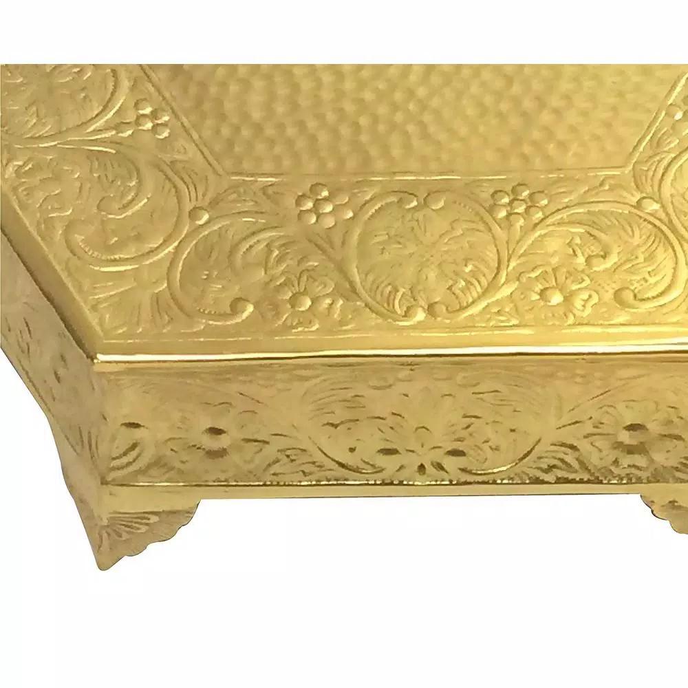 Benzara 16 in. Hexagonal Gold Metal Wedding Cake Stand with Embossed Art Detail