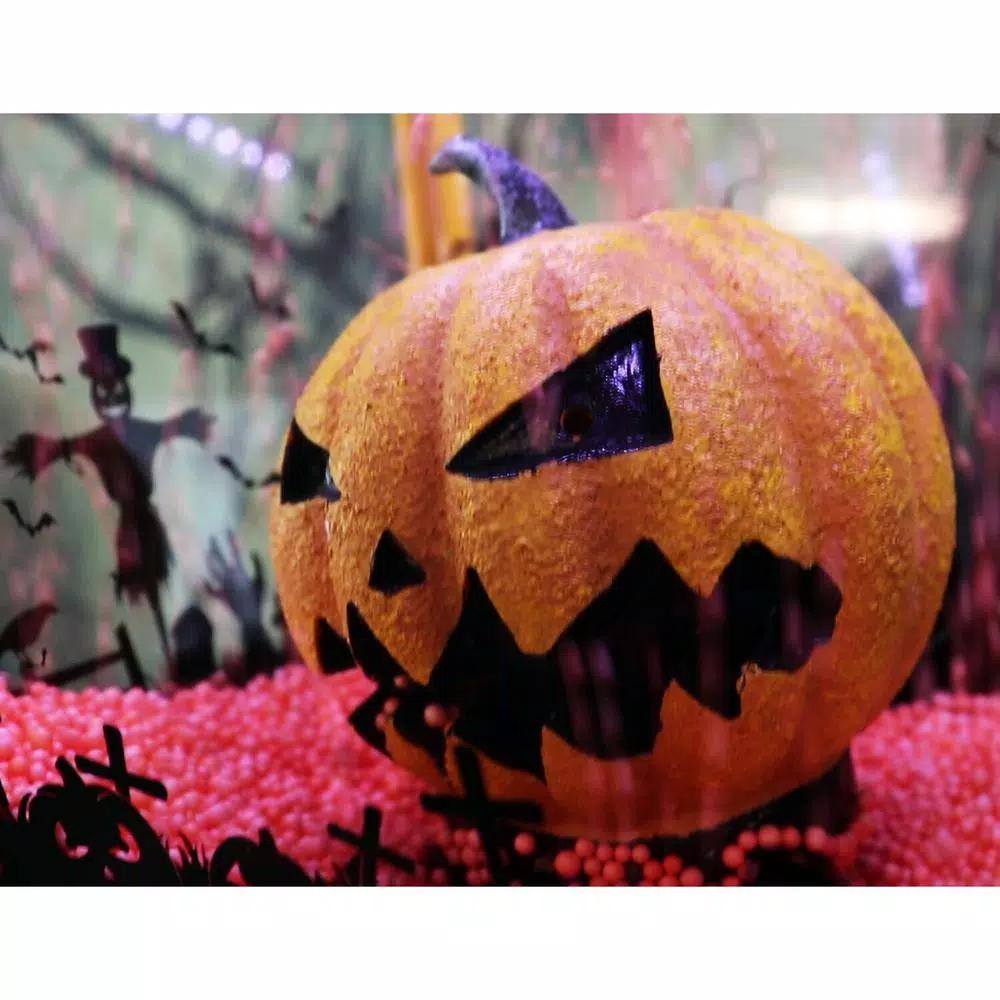 Haunted Hill Farm 71 in. Animated Orange Jack-O-Lantern Halloween Lamp Post with Spooky Music