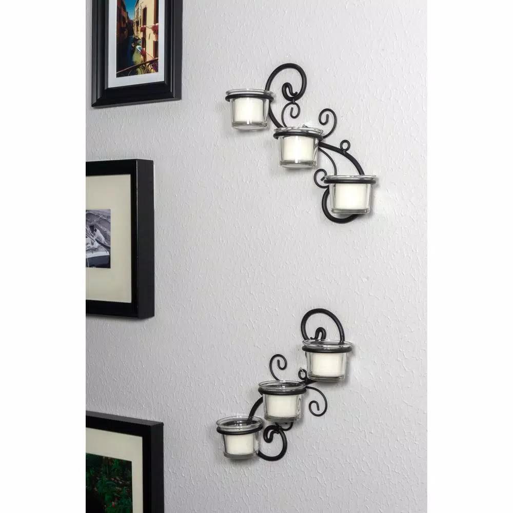 Stonebriar Collection Stonebriar Black Metal Ivy Swirl Candle Wall Sconce Set of 2