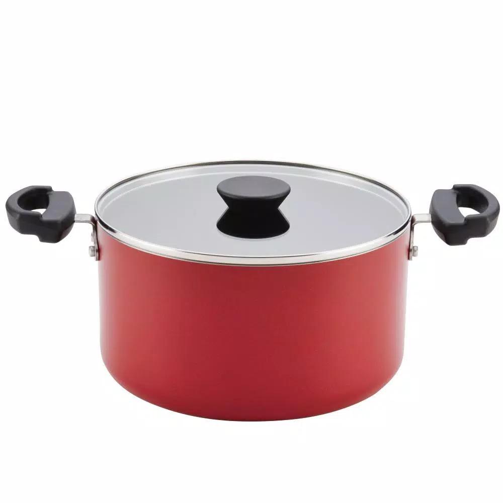 Farberware Neat Nest 6-Quart Aluminum Nonstick Saucepot with Glass Lid, Red
