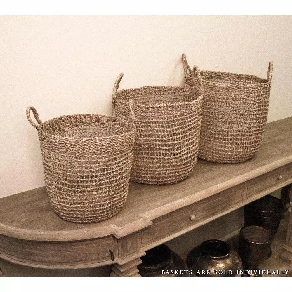 Zentique Hand Woven Seagrass Cylindrical Decorative Basket with Handles, Beige