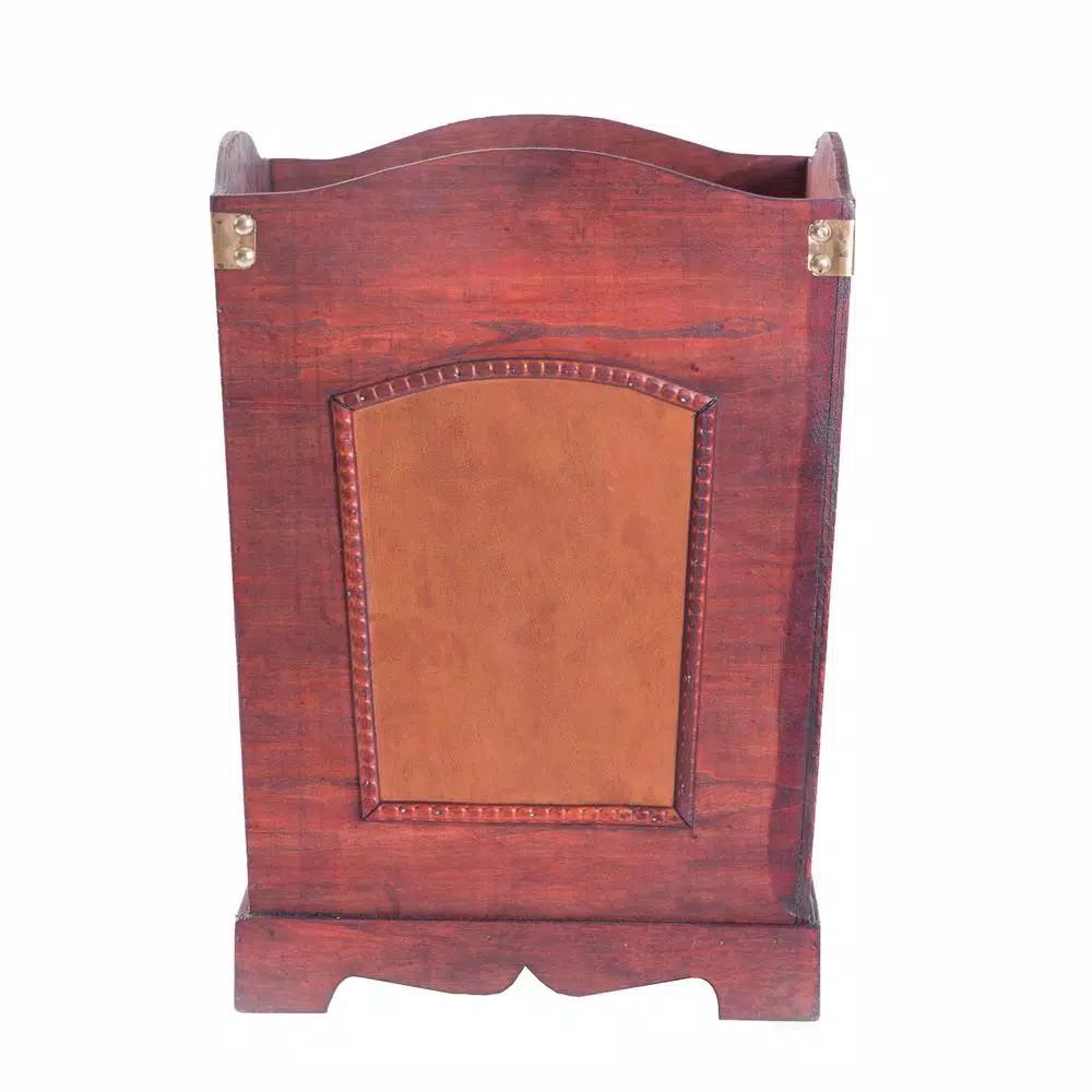 Vintiquewise Rustic Cherry Wood Decorative Trash Bin with Faux Leather Accents and Handles