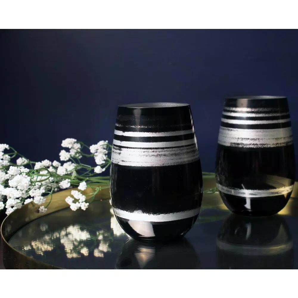 Rolf Glass Cosmo 16.5 oz. Stemless Wine Tumblers, Black/Silver (Set of 4)