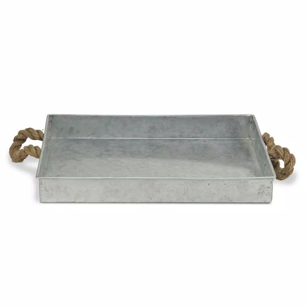 Cheungs Galvanized Metal Rectangular Decorative Tray with Rope Handles - Farmhouse & Industrial Style