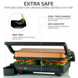 Ovente 1000W Copper Electric Panini Press Grill, 2-Slice Sandwich Maker with Drip Tray thumbnail 4