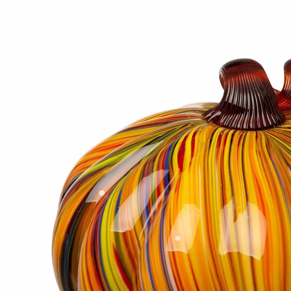 Glitzhome Multi-Striped Glass Short Pumpkin Set - 100% Handmade Glass Tabletop Decoration