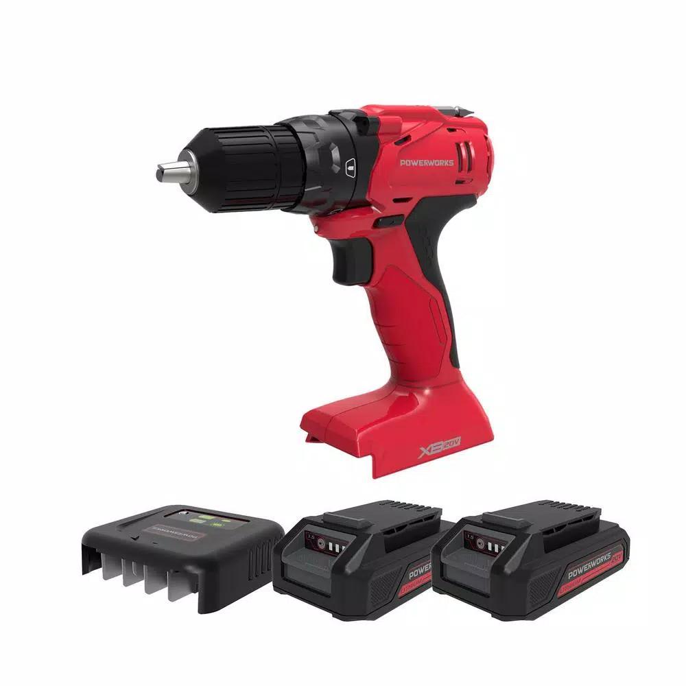 Powerworks 20V Cordless Brushless 3/8 in. Drill/Driver Kit with Two 1.5 Ah Batteries, Charger, and Bag