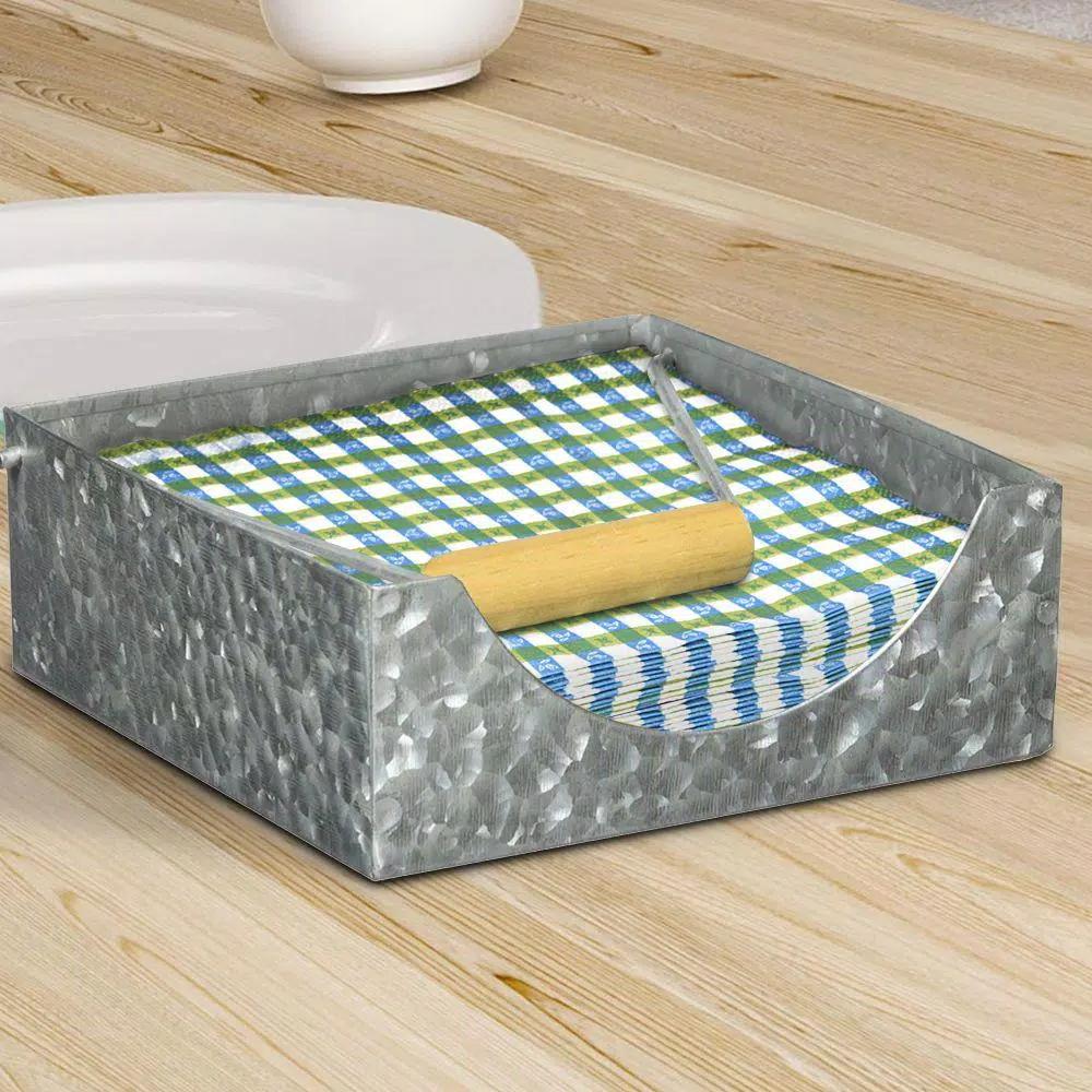 Benzara Galvanized Steel Napkin Holder with Folding Wooden Handle - Gray Vintage Style