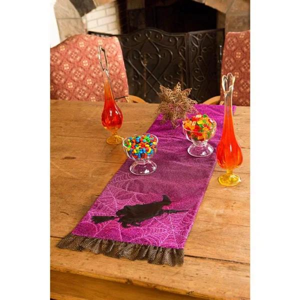 Xia Home Fashions Witching Hour Halloween Table Runner - Black Witch Silhouette & Spider Web Design