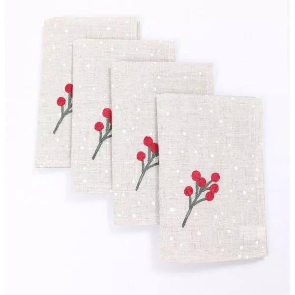 Manor Luxe Holly Berry Branch Crewel Embroidered Christmas Napkins, Linen Blend, Set of 4