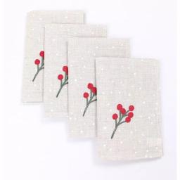 Manor Luxe Holly Berry Branch Crewel Embroidered Christmas Napkins, Linen Blend, Set of 4 thumbnail 1