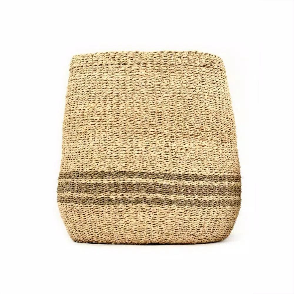 Zentique Hand Woven Seagrass and Palm Leaf Large Decorative Basket with Dark Pin Stripes
