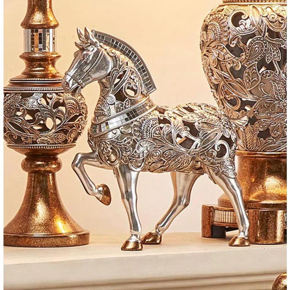ORE International Langi Polyresin Trojan Horse Decorative Figurine with Mirrored Mane and Silver Filigree