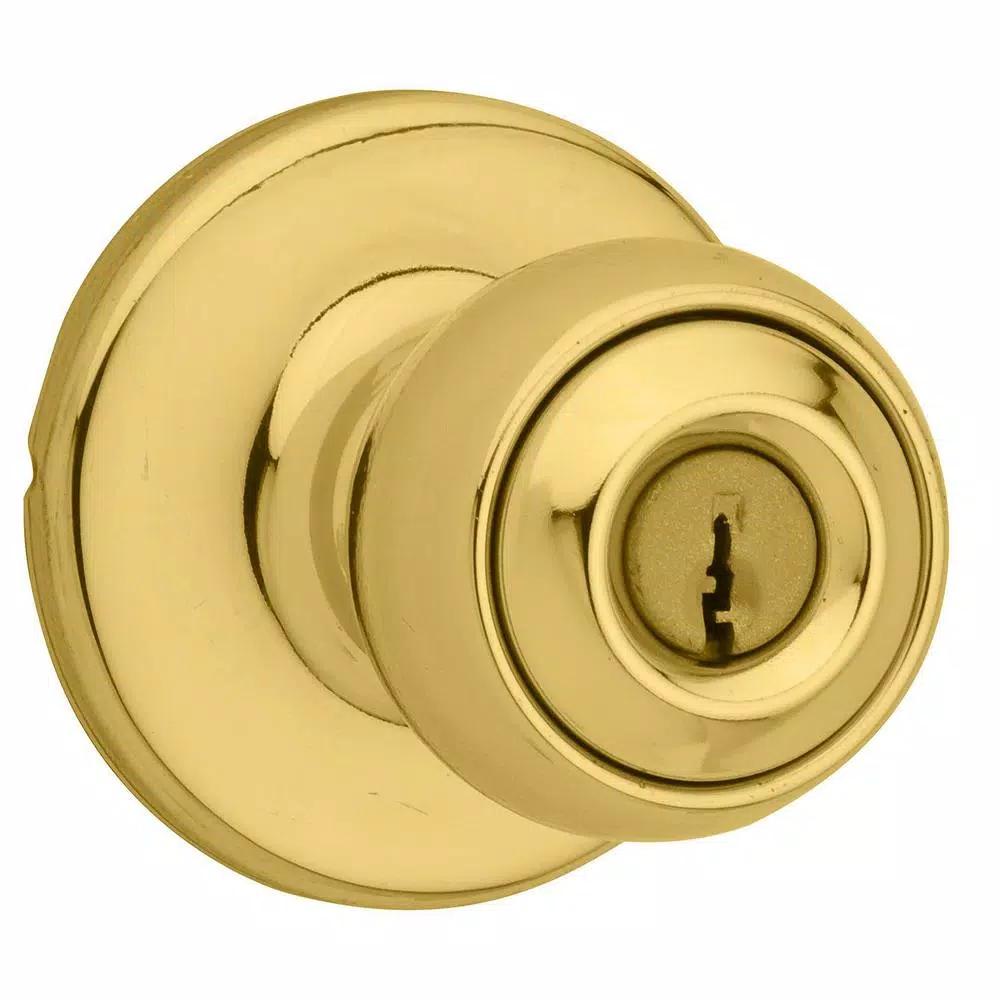 Kwikset Polo Polished Brass Exterior Entry Door Knob with Microban Antimicrobial Technology