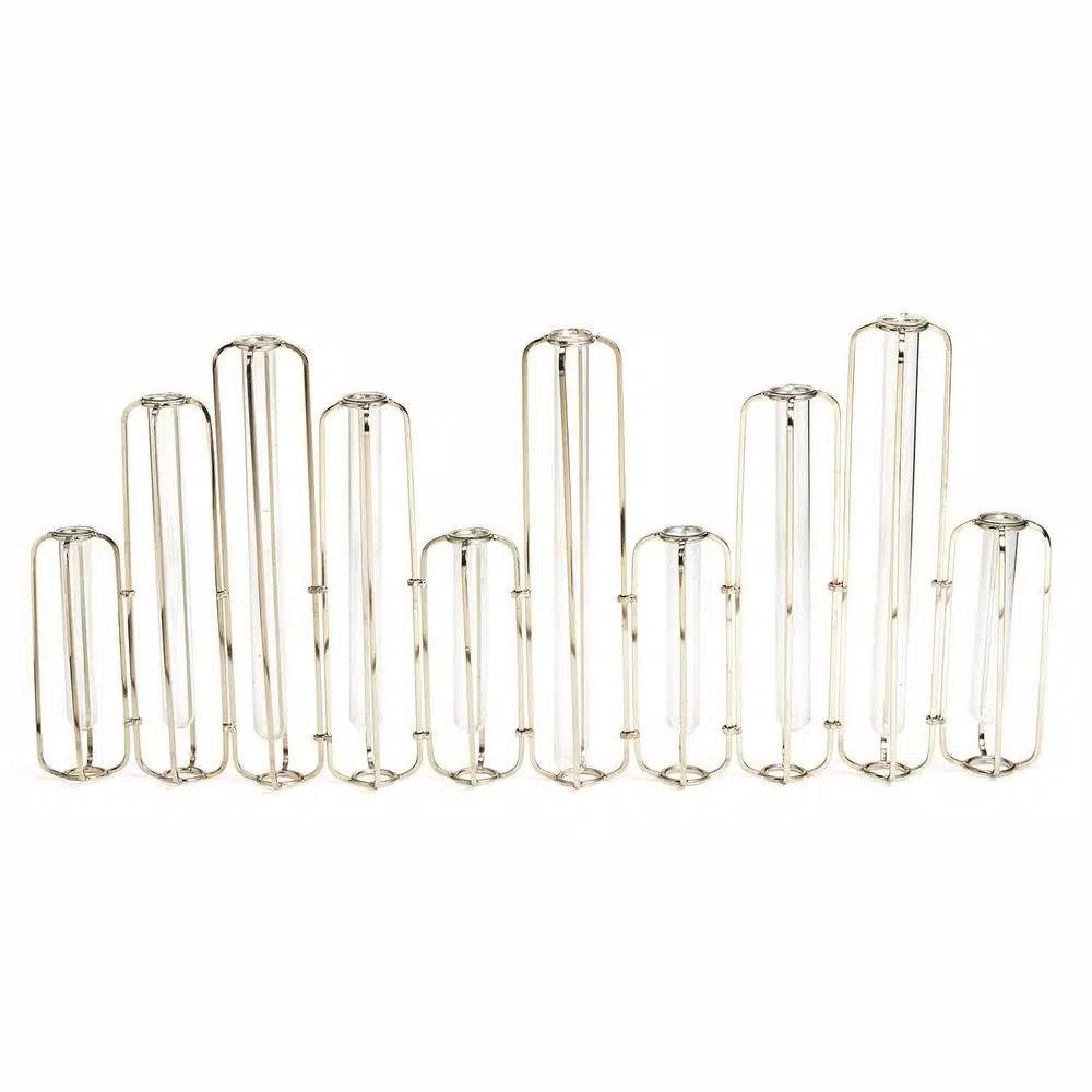 Two's Company Lavoisier Gold Stainless Steel and Glass Hinged Flower Vases, Set of 10