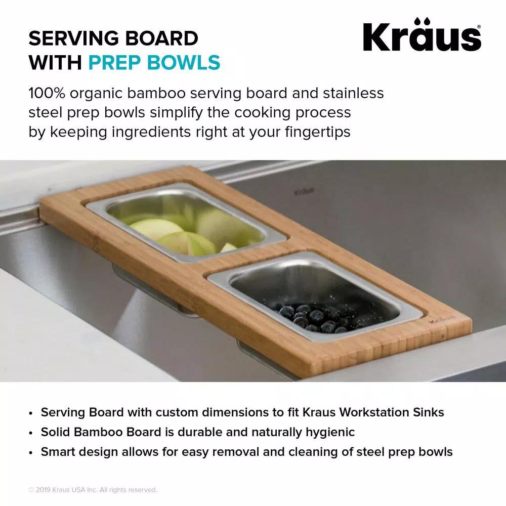 Kraus Workstation Kitchen Sink Bamboo Serving Board Set with 2 Stainless Steel Prep Bowls