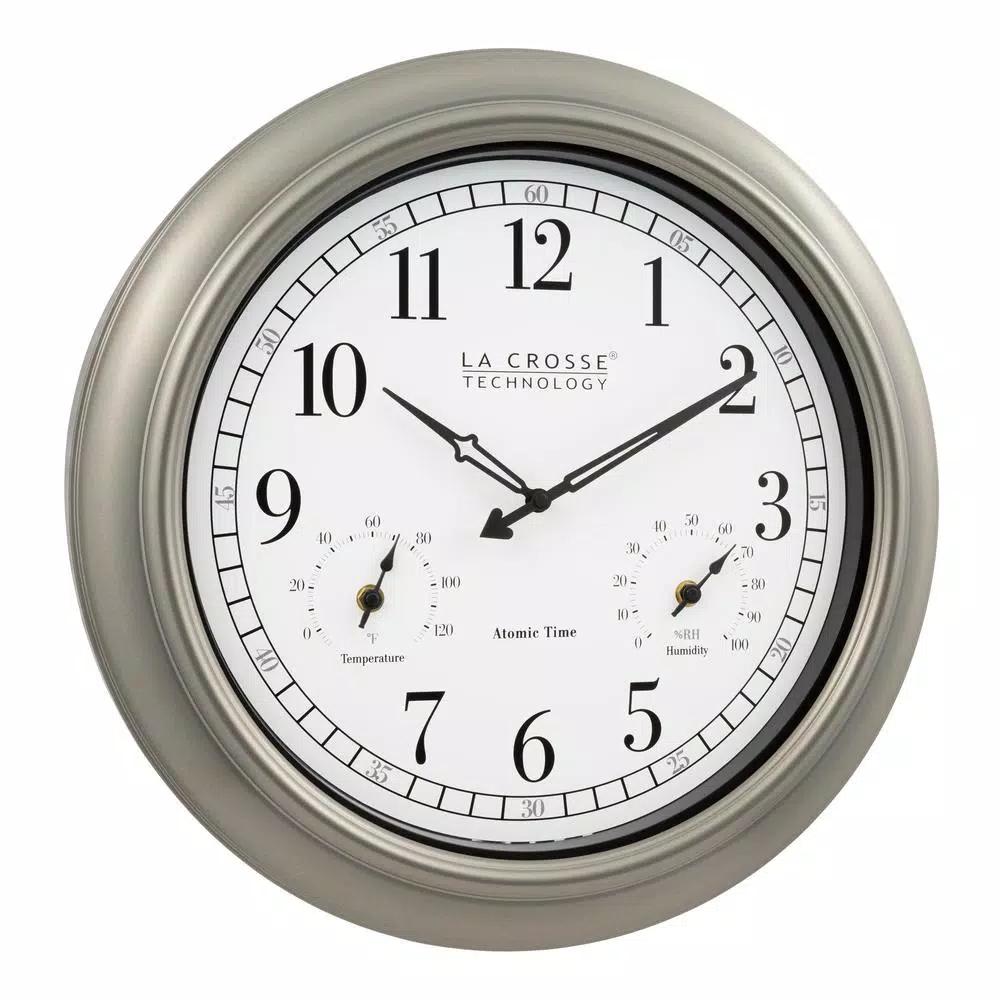 La Crosse Technology 18-Inch Atomic Analog Wall Clock with Thermometer & Hygrometer, Pewter