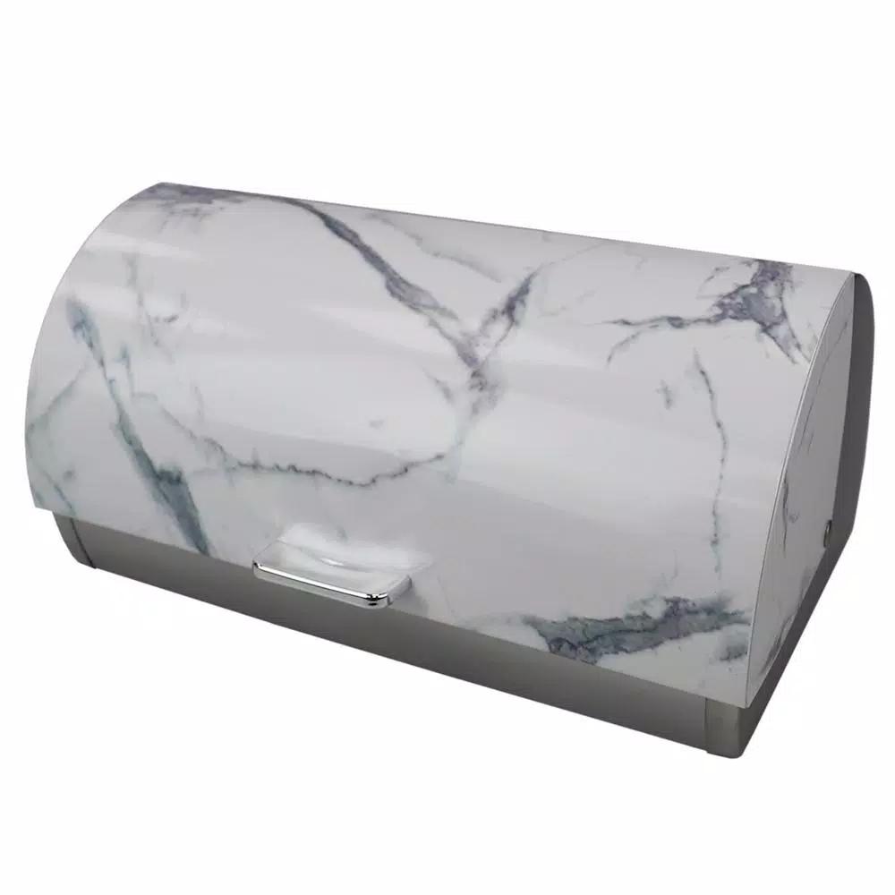 Unbranded White Marble Pattern Steel Bread Box with Roll Top Lid