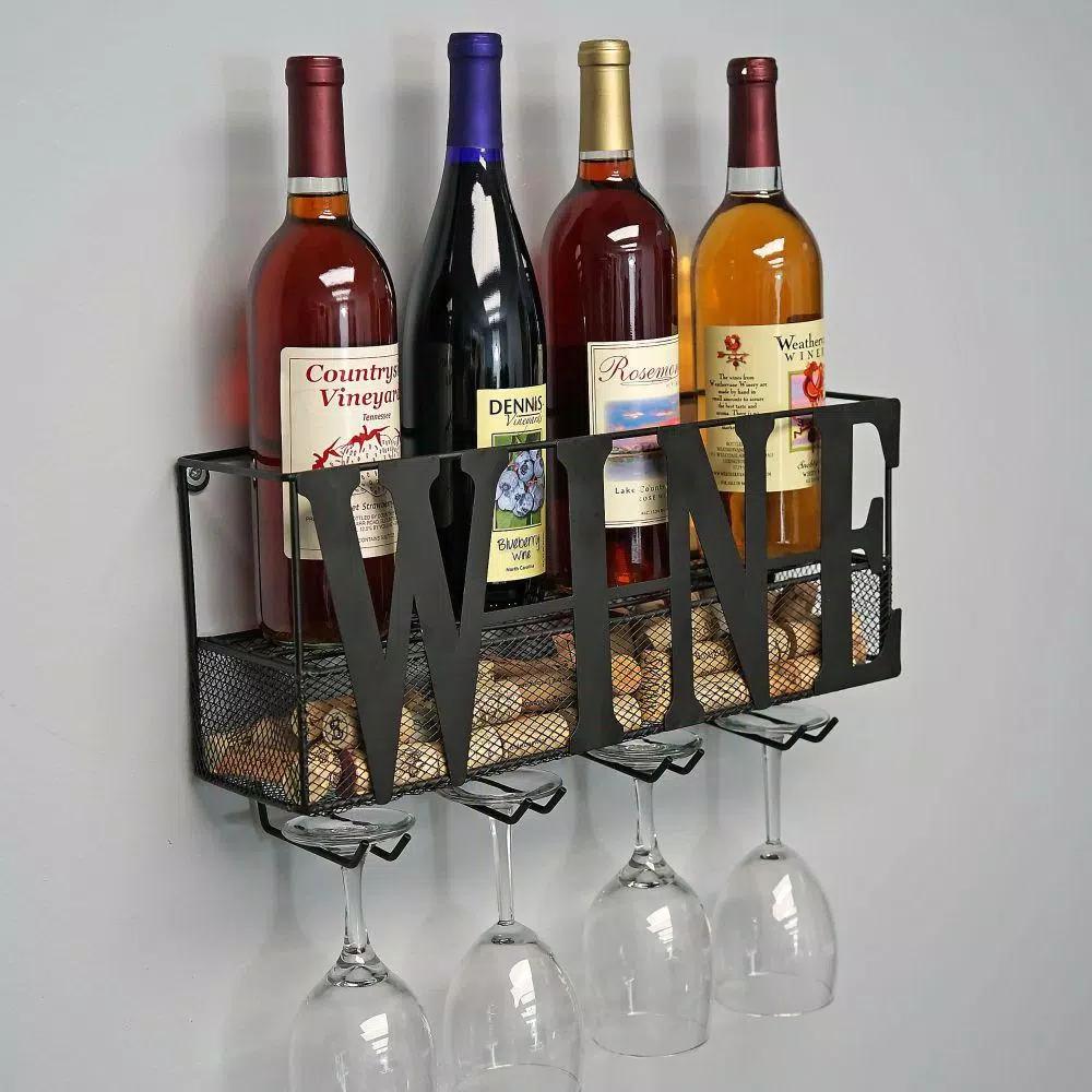 Southern Homewares WINE Wall Mounted Metal Wine Rack and Glass Holder