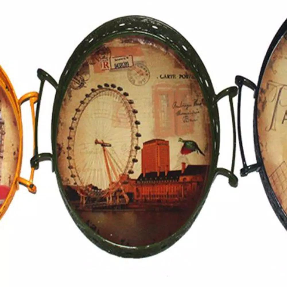 Benjara Brown Metal Oval Serving Tray Set of 3 with Handles - Modern Urban Print