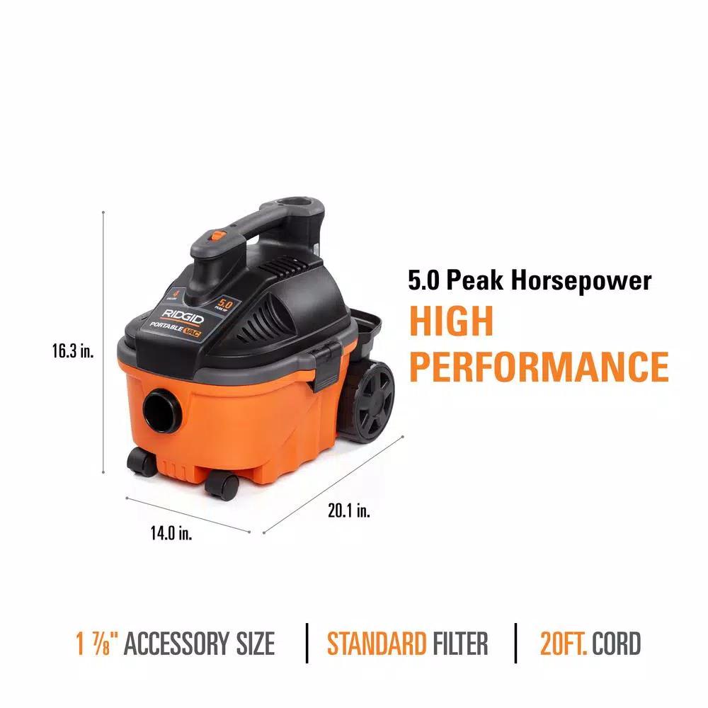 RIDGID 4 Gal. 5.0-Peak HP Portable Wet/Dry Shop Vacuum with Hose and Accessories