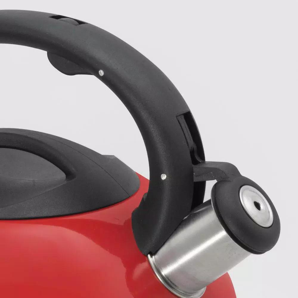 ExcelSteel 3 Qt. Red Stainless Steel Whistling Tea Kettle with Stay-Cool Bakelite Handle