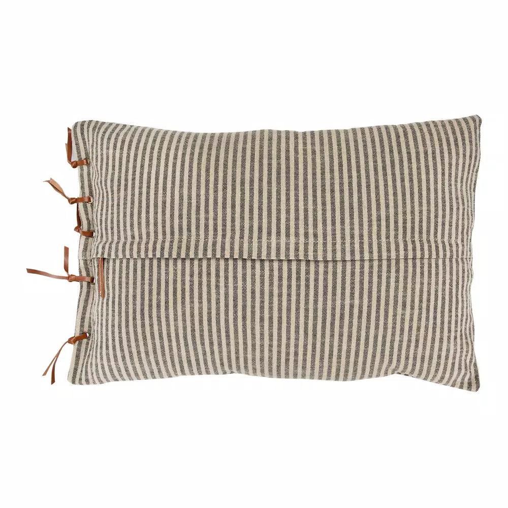 3R Studios Black & Beige Striped Cotton Ticking Lumbar Throw Pillow with Leather Trim, 24 x 16 in.