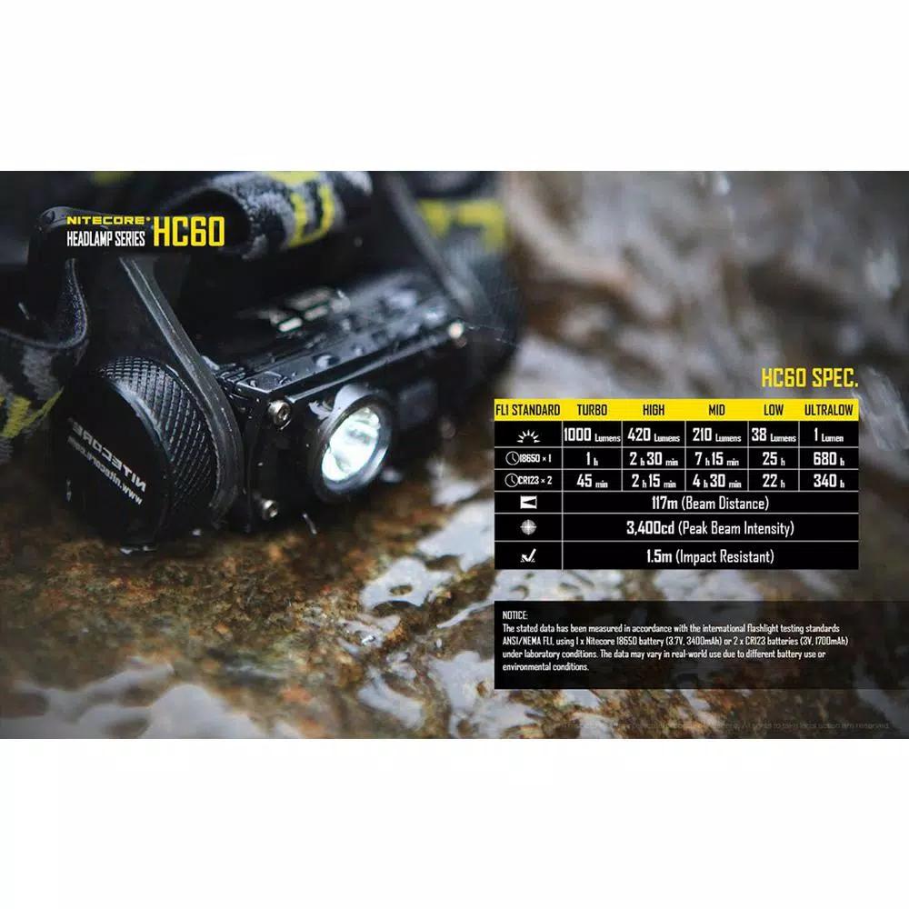NITECORE HC60 1000 Lumens LED Rechargeable Headlamp with 18650 Battery