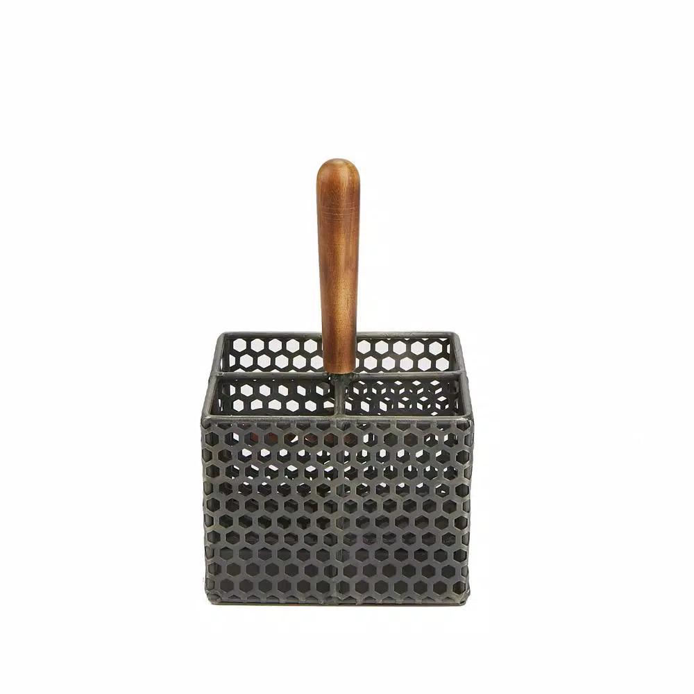 Mind Reader Black Metal 4-Compartment Utensil Basket with Wood Handle - Flatware & Cutlery Organizer