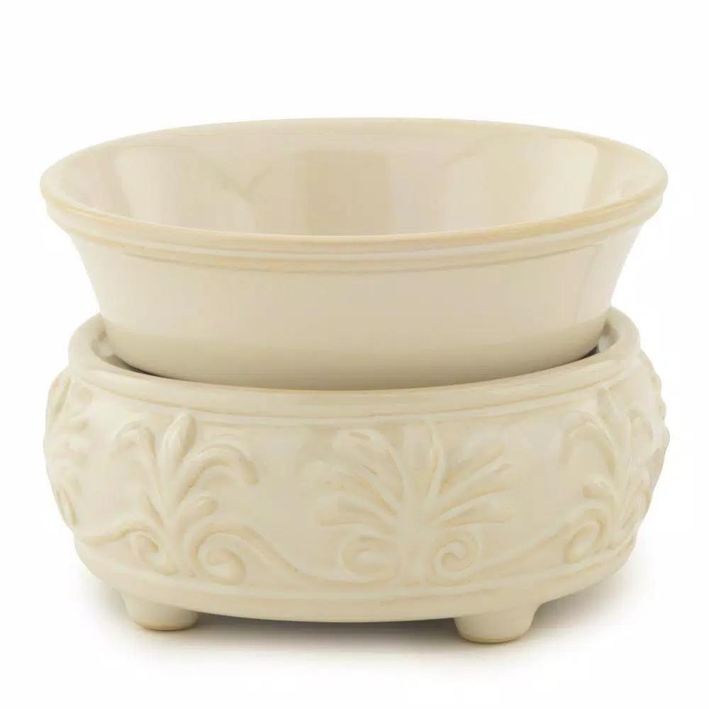 Candle Warmers Etc 5.2 in Sandstone 2-in-1 Classic Fragrance Warmer with Fleur de Lis Pattern