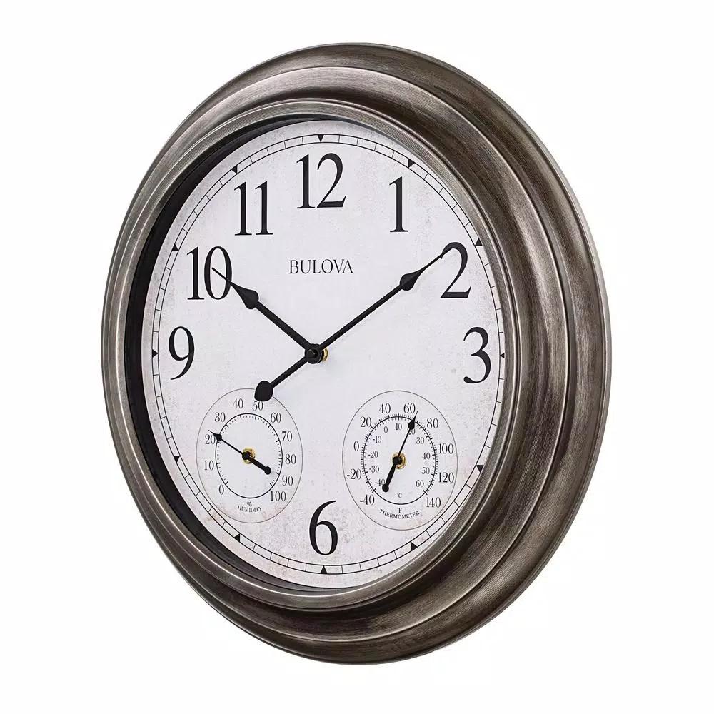 Bulova Block 20 in. Indoor/Outdoor Round Wall Clock with Thermometer and Hygrometer, Aged Silver