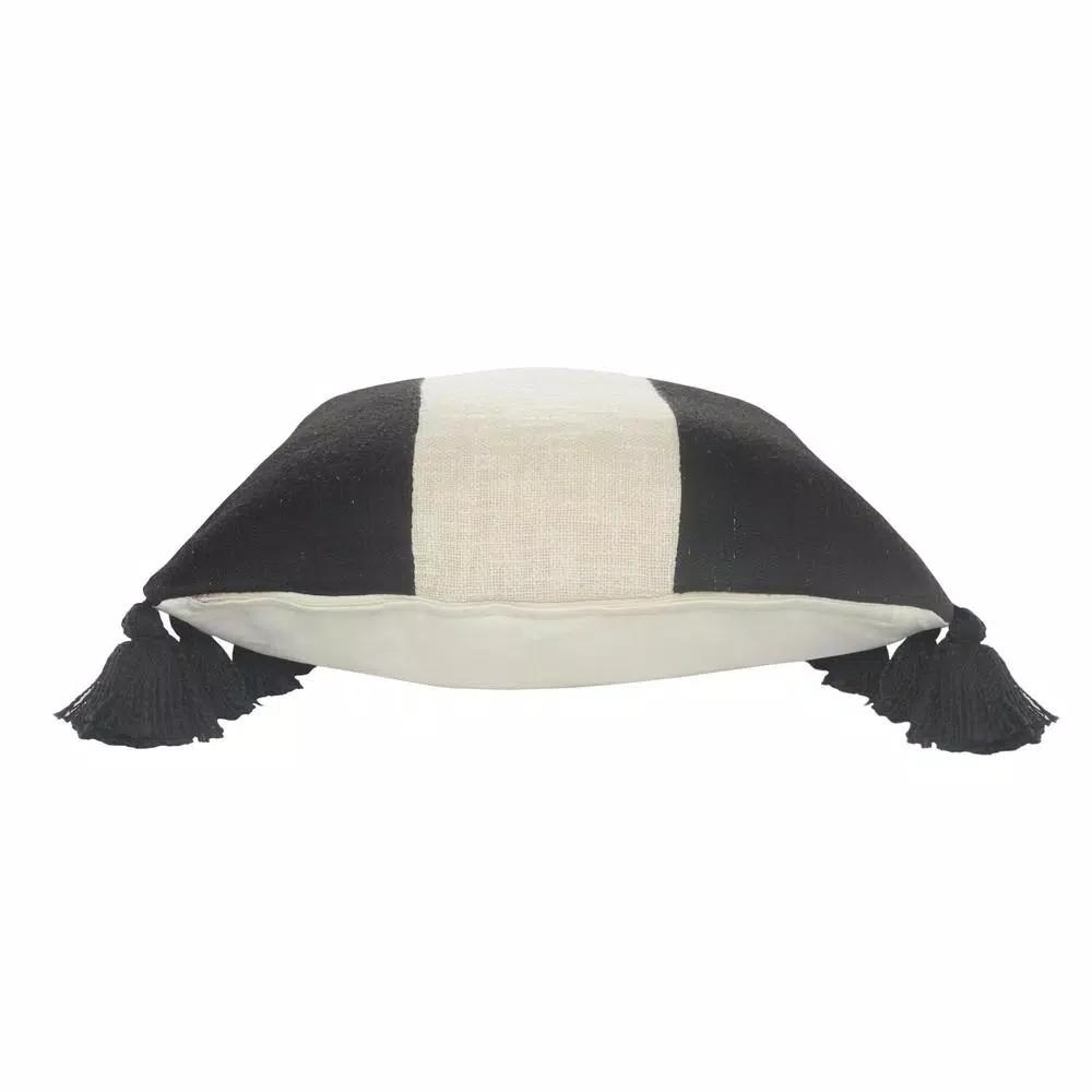 LR Home Trinity Black and Ivory Striped Fringe Throw Pillow, 20 x 20 in.