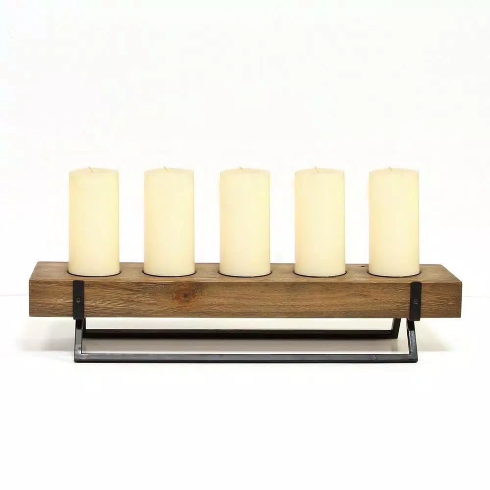 Stratton Home Decor Rustic 5-Candle Holder Centerpiece, Natural Wood and Black Metal