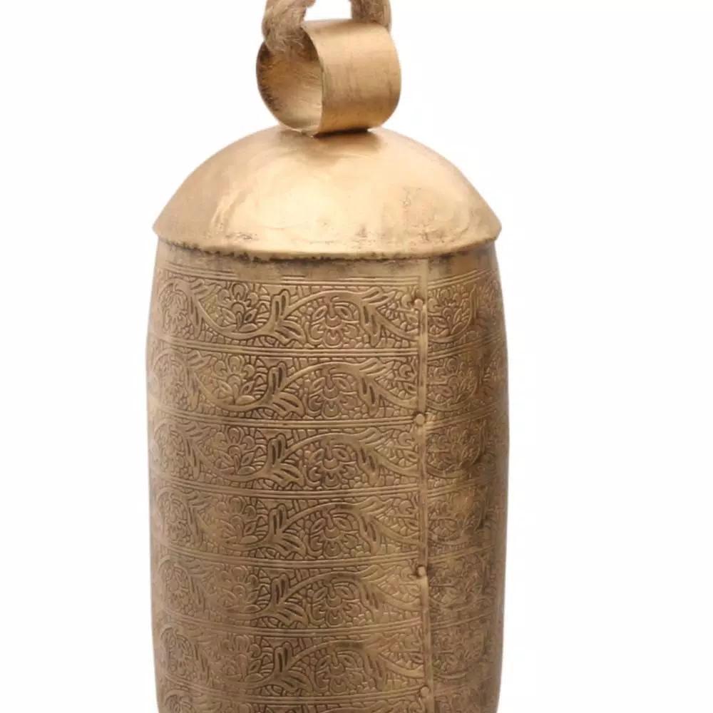 Benzara Gold 3-Piece Metal Animal Harmony Bell Set with Floral Embossed Design and Hanging Rope